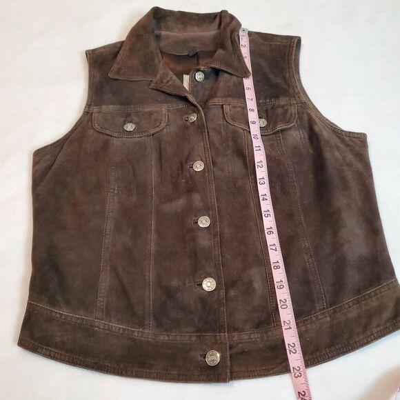 Vakko Vest Brown Leather Suede Collared Button Down Pockets Lined Size M - Picture 7 of 7
